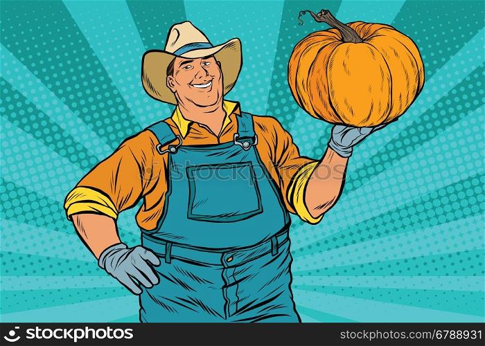 Rural farmer and pumpkin, holiday thanksgiving, pop art retro vector illustration