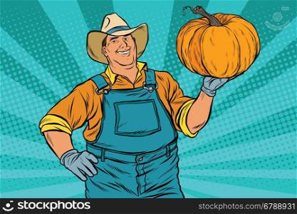 Rural farmer and pumpkin, holiday thanksgiving, pop art retro vector illustration