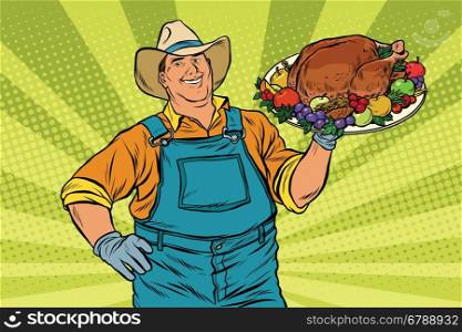 Rural farmer and roast Turkey, pop art retro vector illustration. Family dinner for Christmas or Thanksgiving