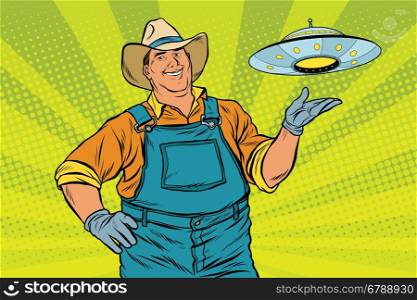 Rural farmer and UFO, pop art retro vector illustration. legends and myths