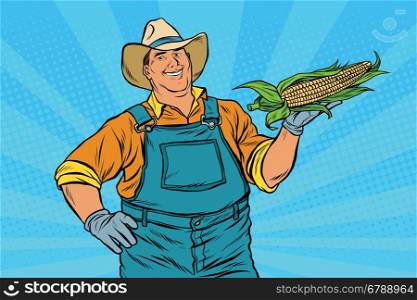 Rural farmer with an ear of corn, pop art retro vector illustration. Agriculture and the harvest