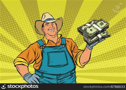 Rural farmer with bundles of money, pop art retro vector illustration. Bank loans and financial profit
