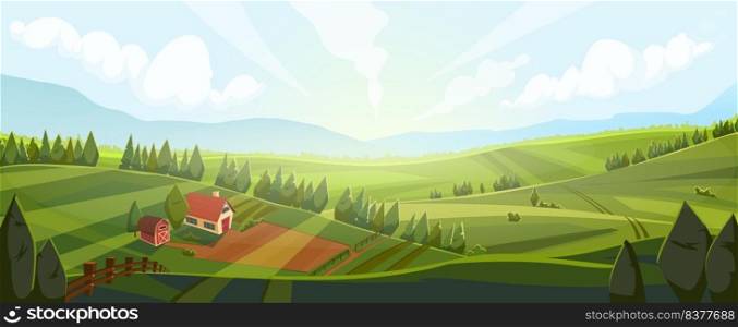 rural field landscape vector. background farm, summer countryside, agriculture land, grass meadow, country green hill, spring village rural field nature view cartoon illustration. rural field landscape vector