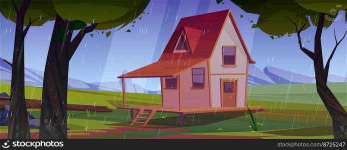 Rural house under rain in green summer valley with mountains on horizon. Cartoon vector illustration of nice cottage surrounded by tall trees and grassland under gloomy sky rainfall. Game background. Rural house under rain in green summer valley