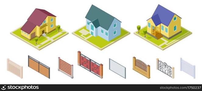 Rural houses and fences. Isolated outdoor design elements. Isometric buildings and gates vector set. Rural building and architecture construction 3d house illustration. Rural houses and fences. Isolated outdoor design elements. Isometric buildings and gates vector set