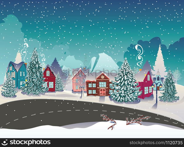 Rural houses, fir trees and big mountain, snowy winter village background.