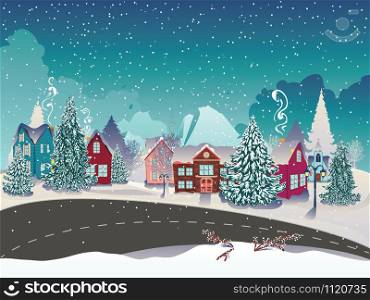 Rural houses, fir trees and big mountain, snowy winter village background.