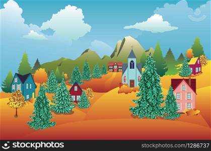Rural houses, fir trees near big mountain autumn landscape.