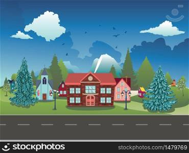 Rural houses, fir trees near big mountain summer landscape.