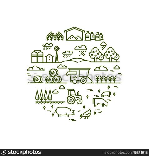 Rural landscape and agriculture farming thin line icons. Farm round badge with chicken and agriculture illustration. Rural landscape and agriculture farming thin line icons