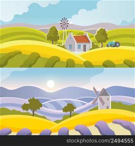 Rural landscape banner set with flat countryside elements isolated vector illustration. Rural Landscape Banner
