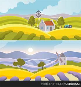 Rural landscape banner set with flat countryside elements isolated vector illustration. Rural Landscape Banner
