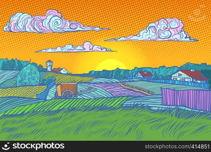 rural landscape evening sunset. Pop art retro vector illustration vintage kitsch 50s 60s. rural landscape evening sunset