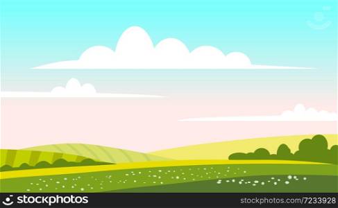 Rural landscape green hills fields, nature, bright color blue sky. Countryside scenery panorama agriculture, farming, country. Rural landscape green hills fields, nature, bright color blue sky. Countryside scenery panorama agriculture, farming, country. Vector illustration cartoon style isolated