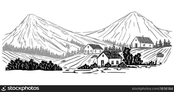 Rural landscape. Houses, trees, mountain. Hand drawn vector illustration. Monochrome graphic drawing isolated on white. Picture in vintage engraving style for design wrap, print, poster, card, sticker