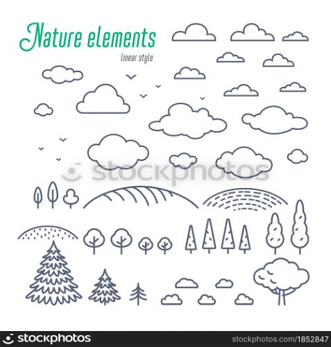 Rural landscape line elements. Vector line illustration of the countryside icons like trees, clouds, and hills. Outline style vector illustration on white background. Rural landscape line elements. Vector line illustration of the countryside icons like trees, clouds, and hills. Outline style vector illustration on white background.