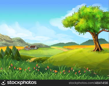 Rural landscape, nature, summer, vector background