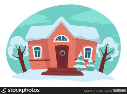 Rural landscape of house and trees covered with snow. Winter seasonal weather, building exterior and yard. Classic architecture of village or countryside. Tranquil wintry scenery vector in flat. House and yard in winter season, rural landscape