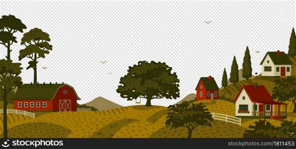 Rural landscape. Panoramic landscape with village and trees. Vector illustration in flat cartoon style. Rural landscape. Panoramic landscape with village and trees.