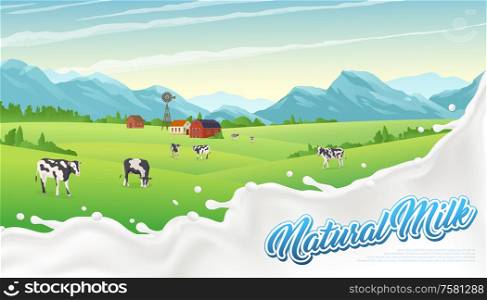 Rural landscape splash milk poster with liquid milky drops editable text and outdoor scenery with cows vector illustration