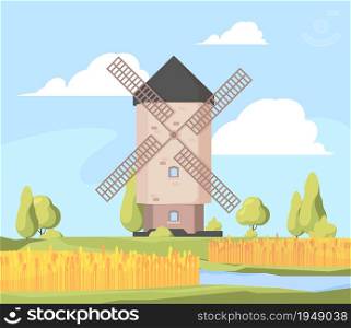 Rural landscape windmill. Farm background with growing wheat field and working windmill vector cartoon illustration. Farm windmill landscape, rural scene and field. Rural landscape windmill. Farm background with growing wheat field and working windmill vector cartoon illustration