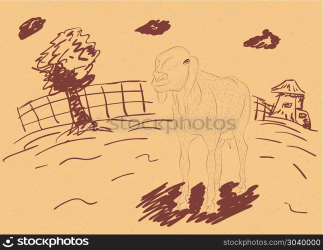 Rural Landscape with a Sheep. Cartoon sheep and rural landscape in hand drawn style on paper background.