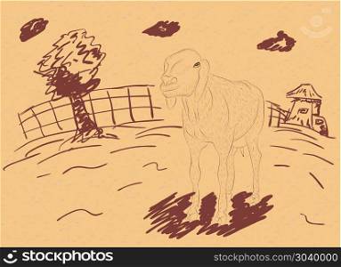 Rural Landscape with a Sheep. Cartoon sheep and rural landscape in hand drawn style on paper background.
