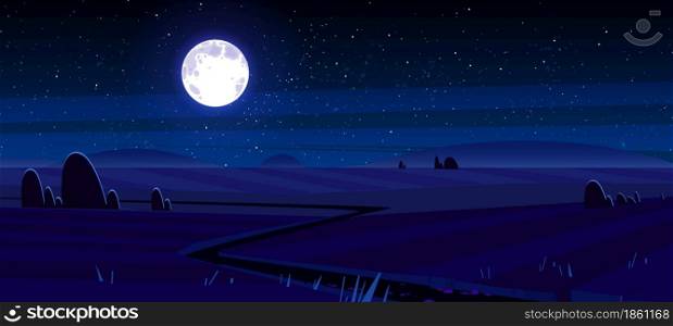 Rural landscape with agriculture fields at night. Vector cartoon illustration of countryside, farmland with trees silhouettes, road, full moon and stars in sky. Rural landscape with agriculture fields at night