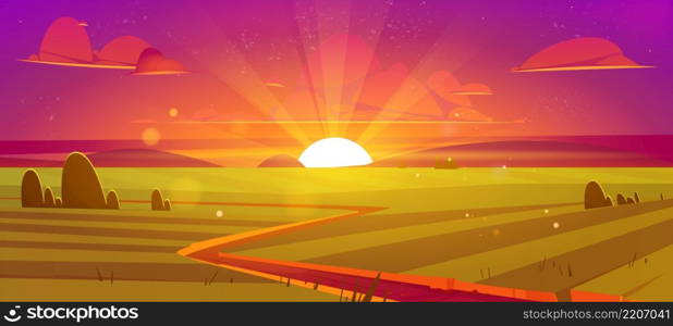 Rural landscape with agriculture fields at sunset. Vector cartoon illustration of countryside, farmland with green grass, trees, road and sun on horizon at evening. Rural landscape with agriculture fields at sunset
