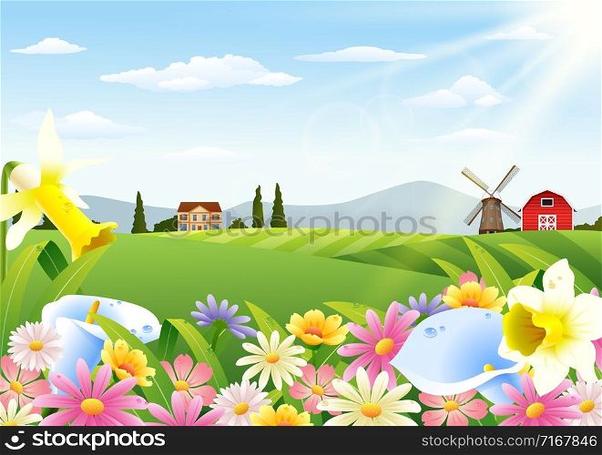 Rural landscape with blooming flowers at spring time