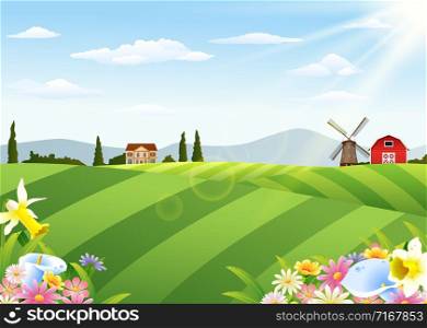 Rural landscape with blooming flowers at spring time