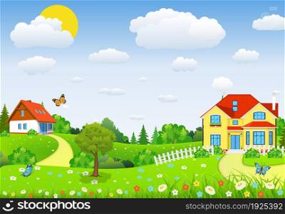 Rural landscape with fields and hillswith fields and hills. Summer landscape with beautiful village. vector illustration. Rural landscape with fields and hills