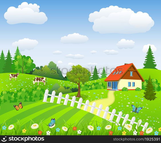 Rural landscape with fields and hillswith fields and hills. Summer landscape with house and cows. vector illustration. Rural landscape with fields and hills