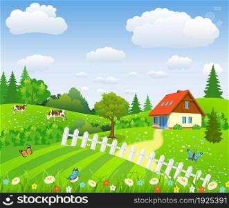 Rural landscape with fields and hillswith fields and hills. Summer landscape with house and cows. vector illustration. Rural landscape with fields and hills