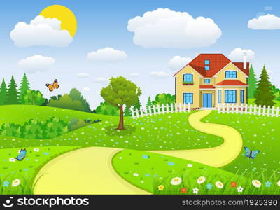 Rural landscape with fields and hillswith fields and hills. Summer landscape with houses. vector illustration. Rural landscape with fields and hills