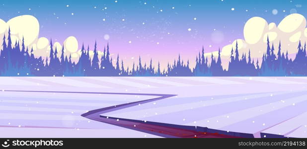 Rural landscape with fields, road and coniferous forest in winter. Vector cartoon illustration of countryside with path in snow and trees silhouettes on horizon. Winter landscape with snow, road and forest