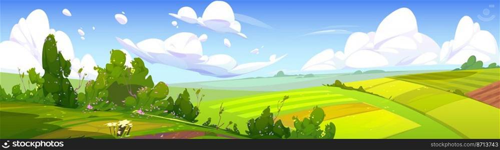 Rural landscape with green agriculture fields, path and bushes with flowers. Vector cartoon panoramic illustration of summer countryside with pastures, grass and farmland. Rural landscape with green agriculture fields