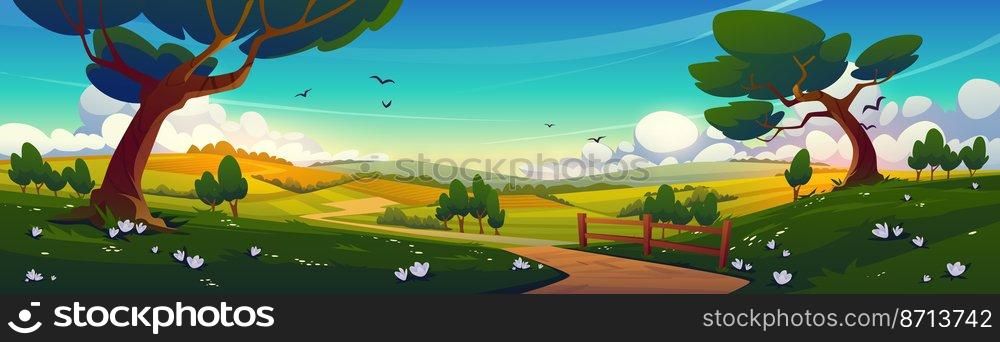 Rural landscape with green trees, agriculture fields, road and fence at sunrise. Vector cartoon panoramic illustration of summer scene of countryside, farmlands in morning. Rural landscape with green trees and fields