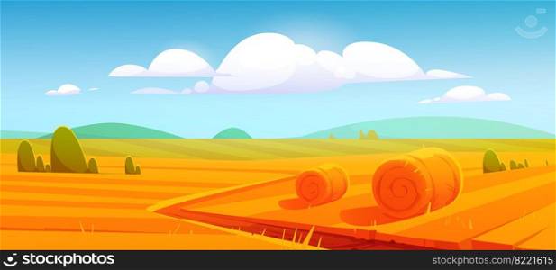 Rural landscape with hay bales on agriculture farm field. Vector cartoon illustration of countryside, farmland with round wheat straw rolls, yellow haystacks and barns. Farm landscape with hay bales on agriculture field