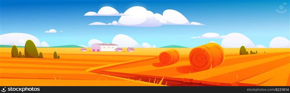 Rural landscape with hay bales on agriculture field and farm buildings. Vector cartoon illustration of countryside, farmland with round wheat straw rolls, yellow haystacks and barns. Farm landscape with hay bales on agriculture field
