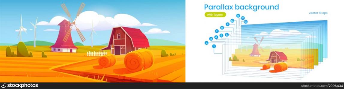 Rural landscape with hay bales on agriculture field, farm barn, windmill and wind turbines. Vector parallax background for 2d animation with cartoon illustration of countryside, farmland. Parallax background, rural landscape, farmland