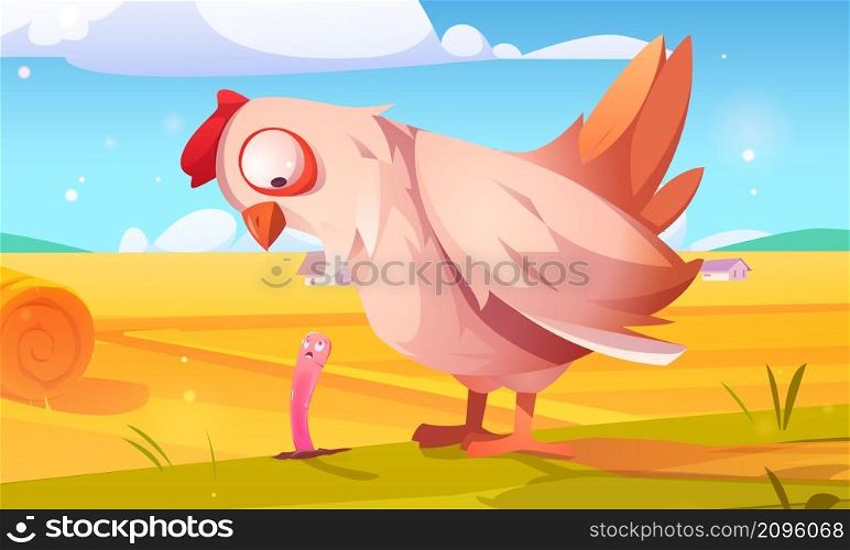 Rural landscape with hay bales on agriculture field, hen and worm. Vector cartoon illustration of countryside, farmland with round wheat straw rolls, barns, yellow haystacks and chicken with earthworm. Rural landscape with hay bales, hen and worm