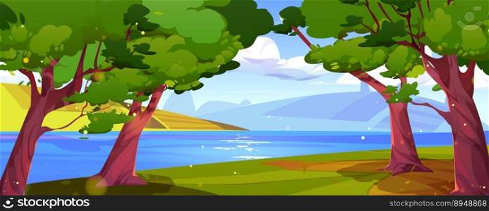 Rural landscape with lake, fields, trees and clouds in sky. Summer nature scene with garden, farm fields on hills, green grass and river, vector cartoon illustration. Rural landscape with lake, fields, trees