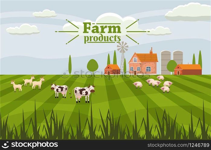 Rural landscape with milk farm and herd cows.. Rural cute landscape with farm and herd cows. Cartoon style, vector, isolated