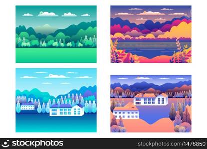 Rural or urban landscape outdoor. City or village in flat style design. Countryside with houses, buildings. Hills, mountains, forest, trees, meadow set. Cartoon background nature vector illustration blue