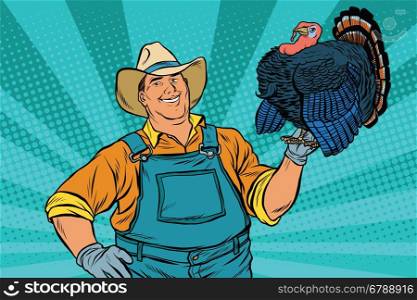 Rural retro farmer with a beautiful living Turkey, pop art vector illustration. Seasonal holiday thanksgiving. Farm bird