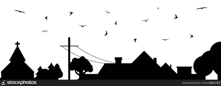 Rural scene. Country landscape silhouette with a flock of birds. Cottage and telegraph pole. Flat vector illustration isolated on white background.. Rural scene. Country landscape silhouette with a flock of birds. Flat vector illustration isolated on white