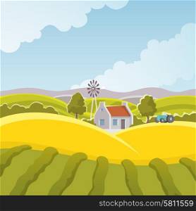 Rural summer landscape with field and village house vector illustration. Rural Landscape Illustration