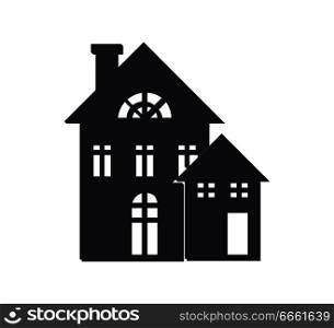 Rural three storey building black silhouette with chimney and entrance door and small dwelling in front of it vector illustration isolated on white. Rural Three Storey Building Black Silhouette Icon
