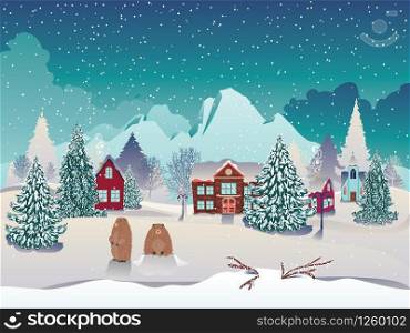 Rural winter landscape with houses, mountain and cute groundhog illustration.